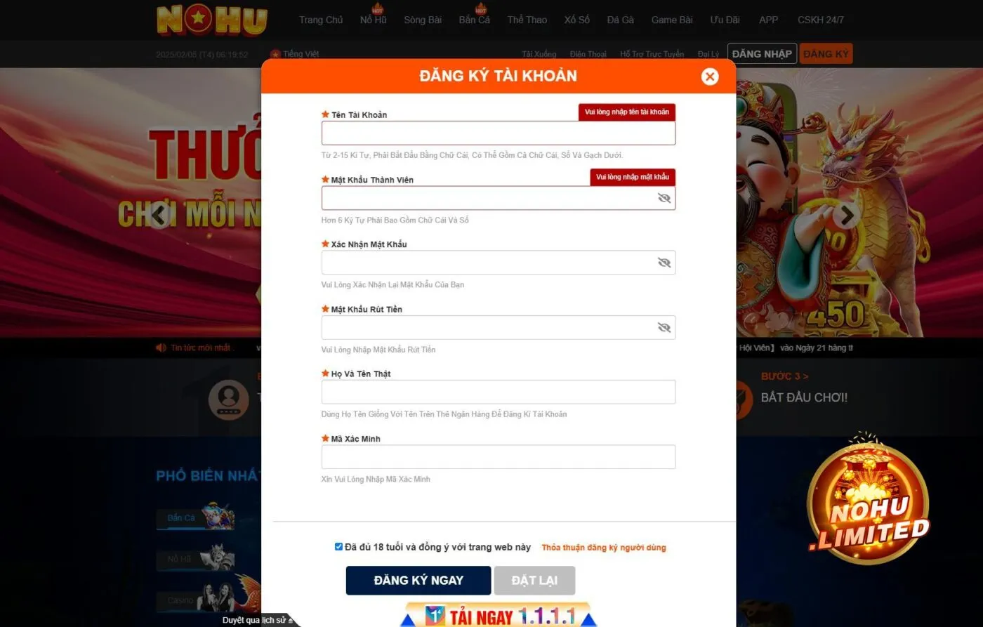 Biểu mẫu để tân thủ đăng ký nick cược mới tại cổng game
