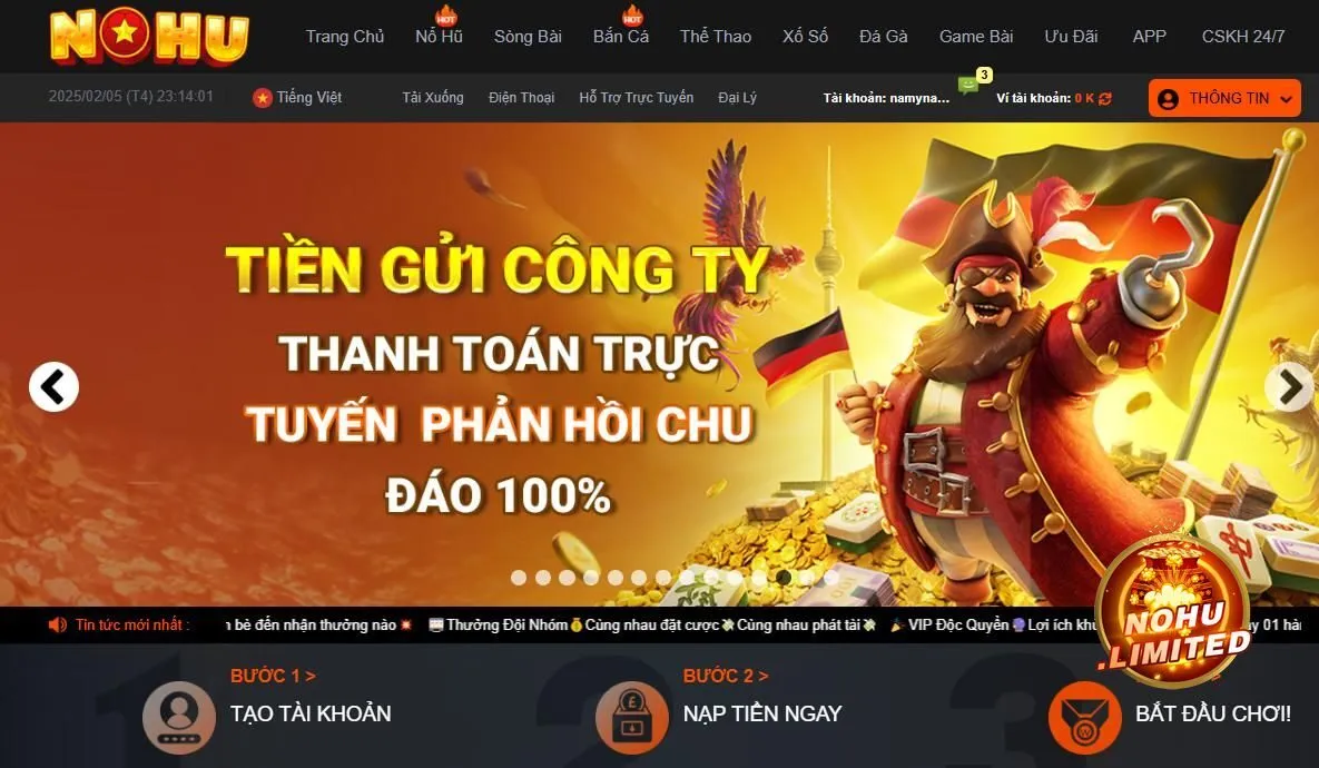 Giao diện website của kênh Nổ Hũ mang phong cách thiết kế hiện đại và tối giản